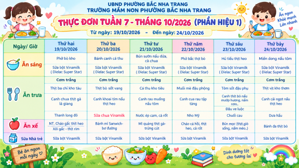THỰC ĐƠN TUẦN 7 (Từ ngày 19/10/2026 đến ngày 24/10/2026), NĂM HỌC 2026-2027