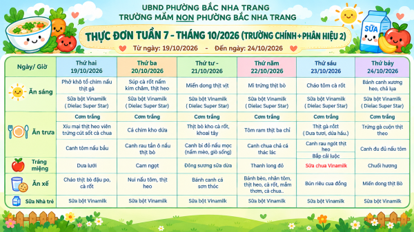 THỰC ĐƠN TUẦN 7 (Từ ngày 19/10/2026 đến ngày 24/10/2026), NĂM HỌC 2026-2027