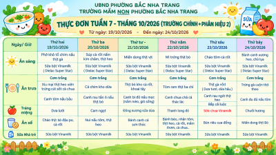 THỰC ĐƠN TUẦN 7 (Từ ngày 19/10/2026 đến ngày 24/10/2026), NĂM HỌC 2026-2027